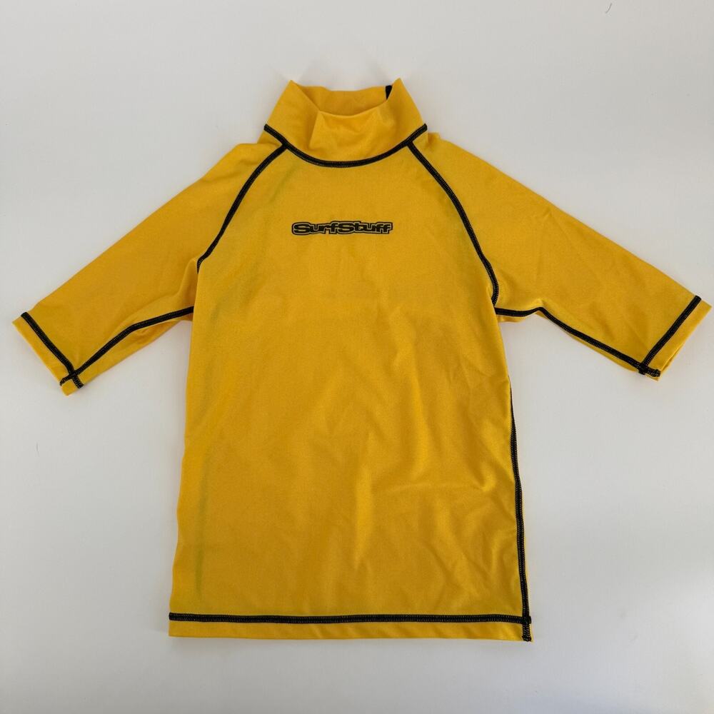 Y2K Surf Stuff Yellow Rash Guard Kids Sz 12 Made USA Black Stitch Retro Surf